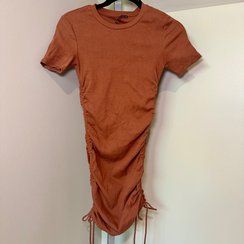 Zara Ruched Bodycon Dress Short Sleeve Brown Mini Drawstring Women's Medium